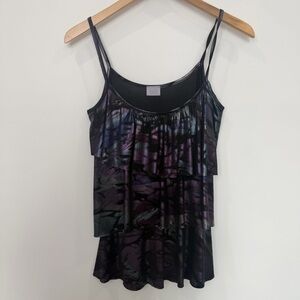 Suzy Shier Black & Metallic Purple Tiered Party Top – Y2K Vibe (Size Small) 💜🖤✨